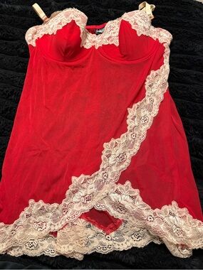 Paul Fredrick Red Chemise with Cream Lace Trim